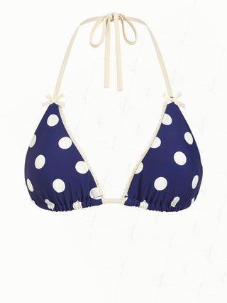 Deep Blue Polka Dot Lace Bowknot Halter Triangle Bikini Top