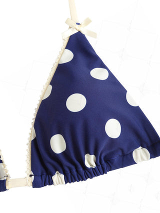 Deep Blue Polka Dot Lace Bowknot Halter Triangle Bikini Top
