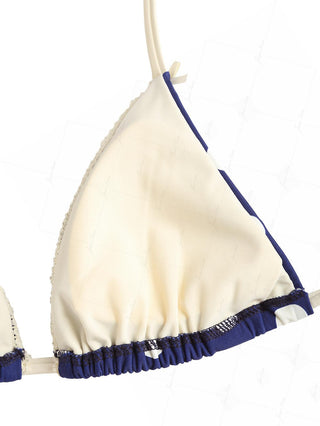 Deep Blue Polka Dot Lace Bowknot Halter Triangle Bikini Top