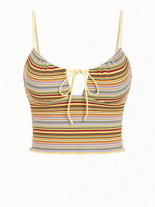 Yellow Ribbed Knit Striped Drawstring Tie Front Cami Tankini Top