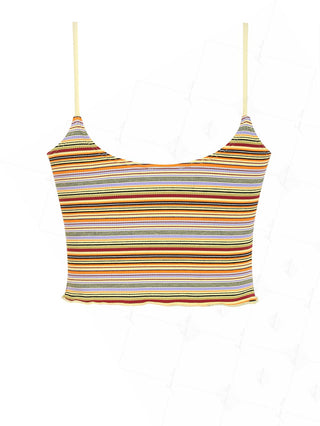 Yellow Ribbed Knit Striped Drawstring Tie Front Cami Tankini Top