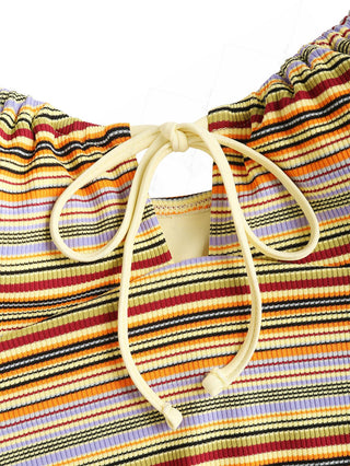 Yellow Ribbed Knit Striped Drawstring Tie Front Cami Tankini Top