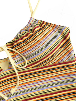Yellow Ribbed Knit Striped Drawstring Tie Front Cami Tankini Top