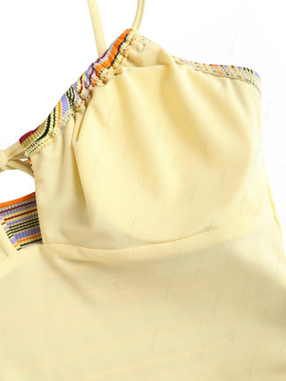 Yellow Ribbed Knit Striped Drawstring Tie Front Cami Tankini Top
