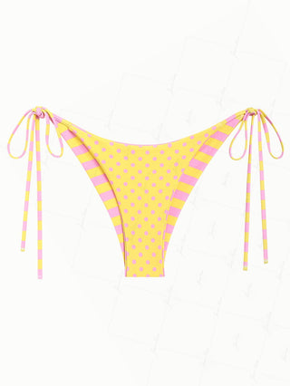 Yellow Striped Polka Dot Print Reversible Cheeky Brazilian Bikini Bottom