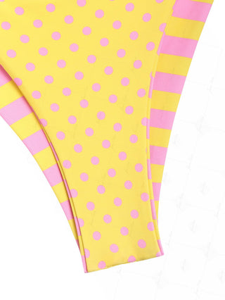 Yellow Striped Polka Dot Triangle Top & Cheeky Brazilian Bottom Reversible Bikini Set
