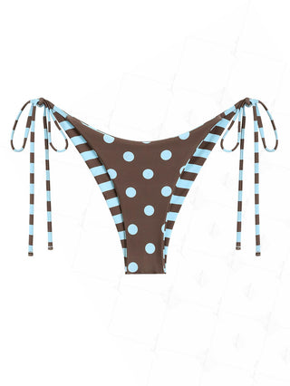 Coffee Striped Polka Dot Print Reversible Cheeky Brazilian Bikini Bottom