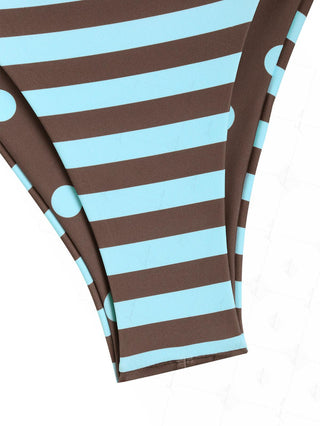 Coffee Striped Polka Dot O Ring Double Layer Top & Reversible Cheeky Brazilian Bottom Bikini Set