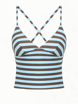 Coffee Striped Polka Dot Crisscross Tie Open Back Reversible Tankini Top
