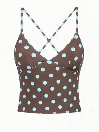 Coffee Striped Polka Dot Crisscross Tie Open Back Reversible Tankini Top