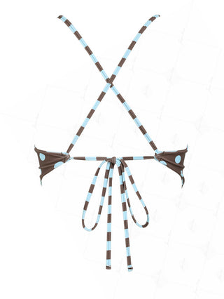 Coffee Striped Polka Dot Crisscross Tie Open Back Reversible Tankini Top