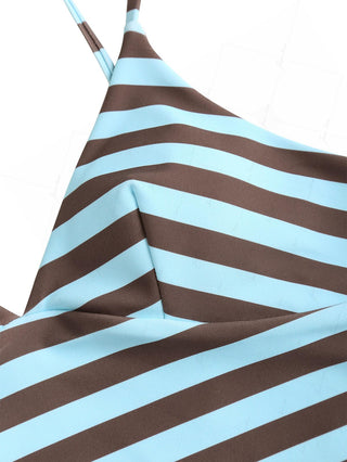 Coffee Striped Polka Dot Crisscross Tie Open Back Reversible Tankini Top