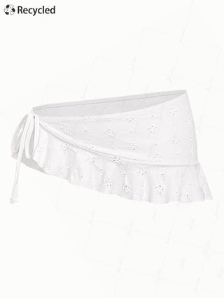 White Recycled Fabric Jacquard Ruffles Hem Sarong Style Cover Up Skirt