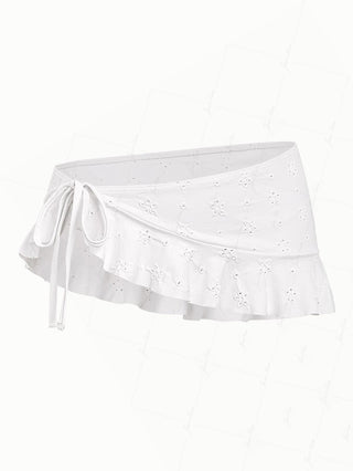 White Recycled Fabric Jacquard Ruffles Hem Sarong Style Cover Up Skirt