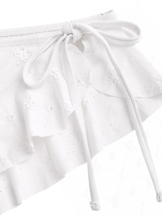 White Recycled Fabric Jacquard Ruffles Hem Sarong Style Cover Up Skirt