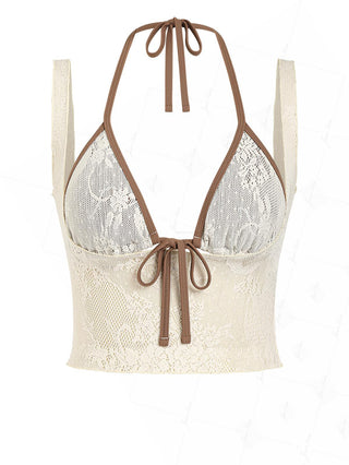 Crystal Cream Lace Low Cut Two-way Crop Tank Top