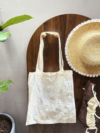 French Literary Semi-sheer Floral Embroidery Eyelet Shoulder Bag