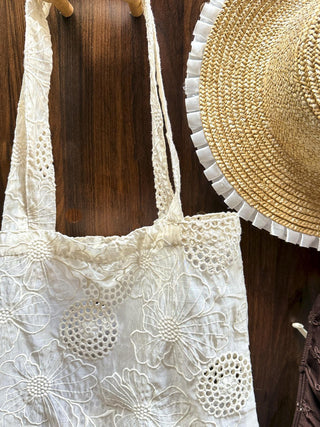 French Literary Semi-sheer Floral Embroidery Eyelet Shoulder Bag