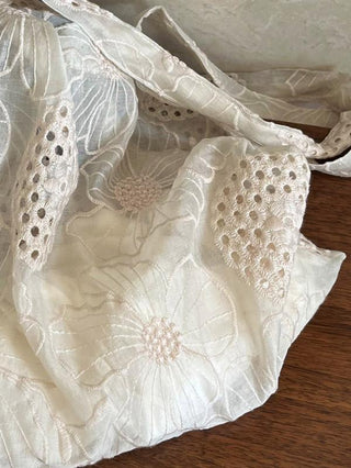French Literary Semi-sheer Floral Embroidery Eyelet Shoulder Bag