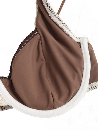 Crystal Cream Contrast Lace Bowknot Underwire Bikini Top