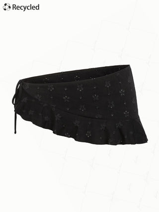 Black Recycled Fabric Jacquard Ruffles Hem Sarong Style Cover Up Skirt