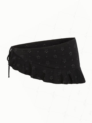 Black Recycled Fabric Jacquard Ruffles Hem Sarong Style Cover Up Skirt