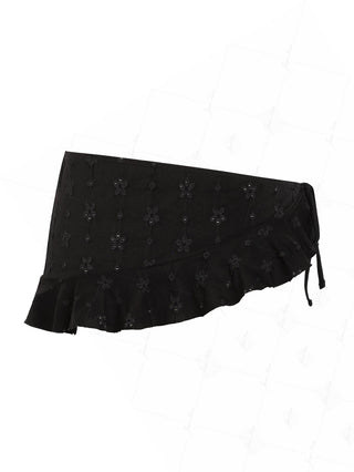 Black Recycled Fabric Jacquard Ruffles Hem Sarong Style Cover Up Skirt