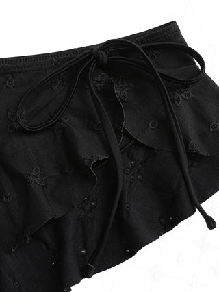 Black Recycled Fabric Jacquard Ruffles Hem Sarong Style Cover Up Skirt