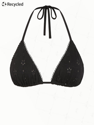 Black Recycled Fabric Jacquard Picot Halter Triangle Bikini Top