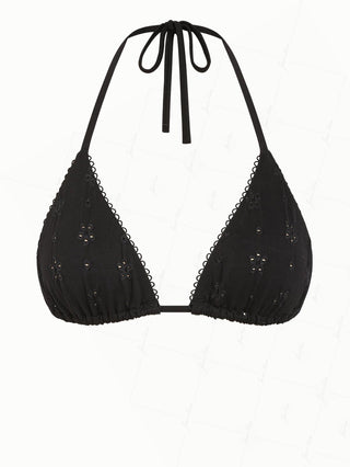 Black Recycled Fabric Jacquard Picot Halter Triangle Bikini Top