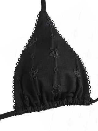 Black Recycled Fabric Jacquard Picot Halter Triangle Bikini Top