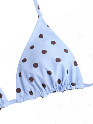 Sky Blue Polka Dot Print Halter Triangle Reversible Bikini Top