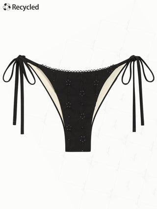 Black Recycled Fabric Jacquard Picot String Cheeky Brazilian Bikini Bottom
