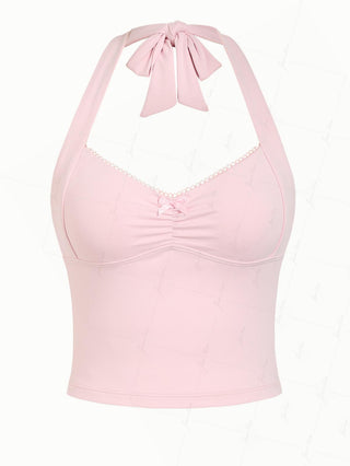 Pink Solid Color Ruched Picot Bowknot Halter Tankini Top