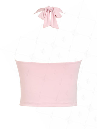 Pink Solid Color Ruched Picot Bowknot Halter Tankini Top