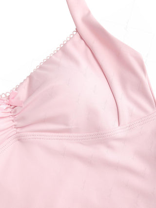 Pink Solid Color Ruched Picot Bowknot Halter Tankini Top