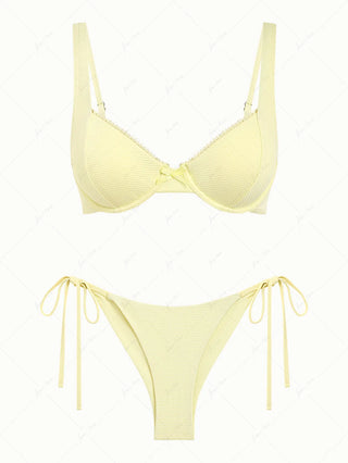 Light Yellow Textured Knit Fabric Underwire Top & Cheeky Brazilian Bottom Bikini Set
