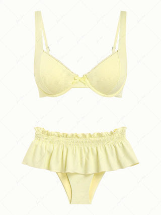 Light Yellow Textured Knit Fabric Lace Bowknot Underwire Skirtini Bikini Set