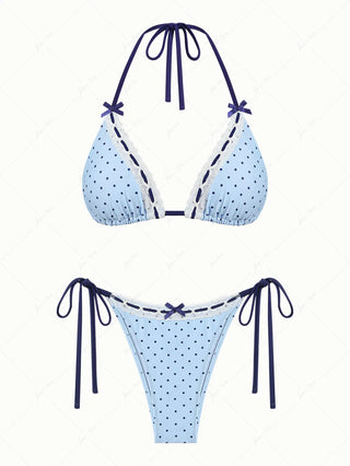 Light Blue Polka Dot Lace Bowknot Halter Triangle Bikini Set