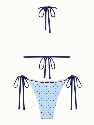 Light Blue Polka Dot Lace Bowknot Halter Triangle Bikini Set