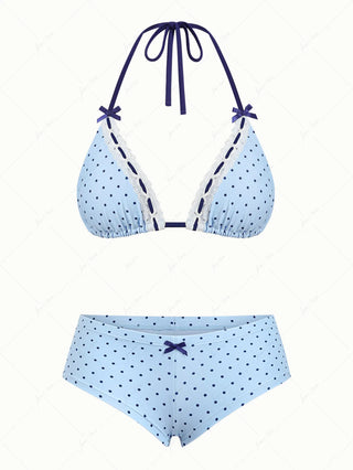Light Blue Polka Dot Lace Bowknot Triangle Cheeky Boyshorts Bikini Set