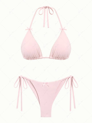 Pink Solid Color Picot Bowknot Triangle Top & Cheeky Brazilian Bottom Bikini Set