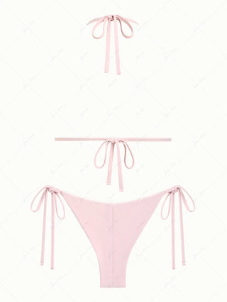 Pink Solid Color Picot Bowknot Triangle Top & Cheeky Brazilian Bottom Bikini Set