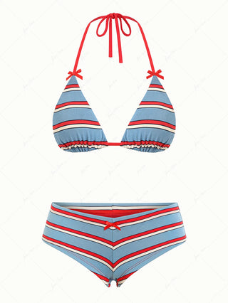Blue Striped Bowknot Halter Triangle Cheeky Boyshorts Bikini Set