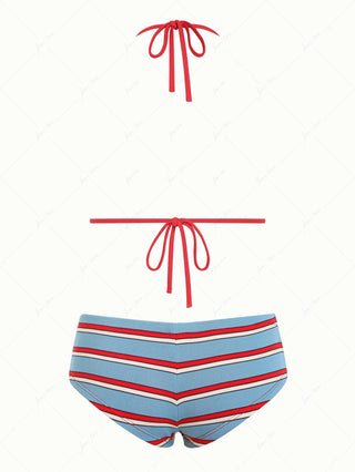 Blue Striped Bowknot Halter Triangle Cheeky Boyshorts Bikini Set