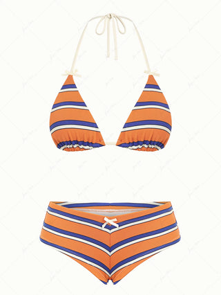 Orange Striped Bowknot Halter Triangle Cheeky Boyshorts Bikini Set