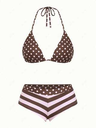 Pink Striped Polka Dot Triangle Reversible Top & Cheeky Boyshorts Bikini Set