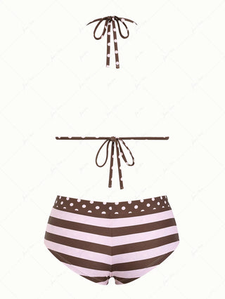 Pink Striped Polka Dot Triangle Reversible Top & Cheeky Boyshorts Bikini Set