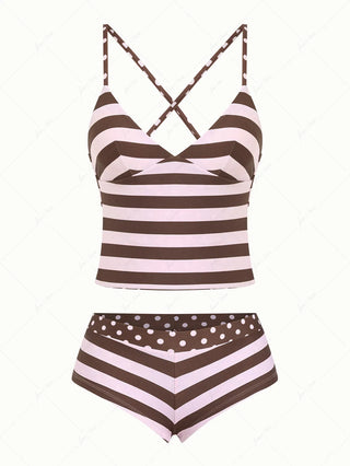 Pink Striped Polka Dot Crisscross Tie Open Back Cheeky Boyshorts Tankini Set