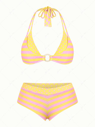 Yellow Striped Polka Dot O Ring Double Layer Top & Cheeky Boyshorts Bikini Set